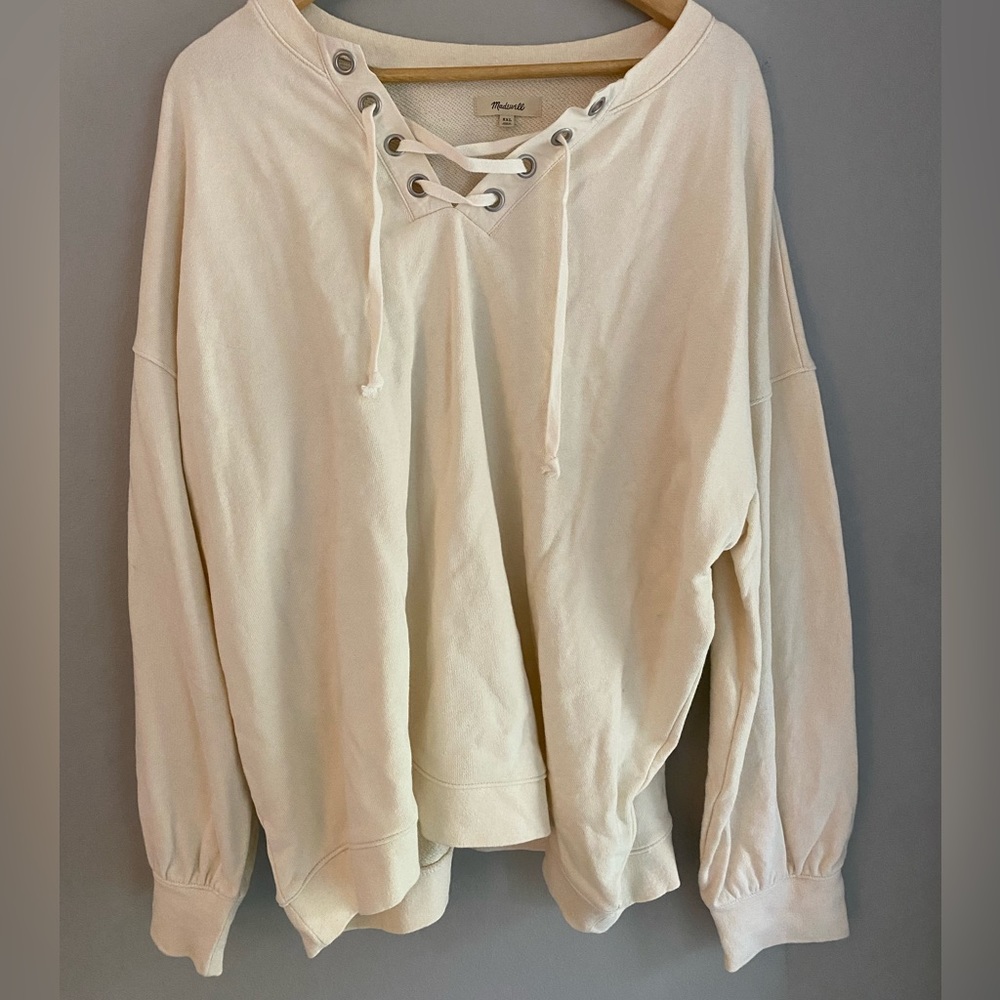 Madewell - cream lace up pullover sweater, cotton and hemp